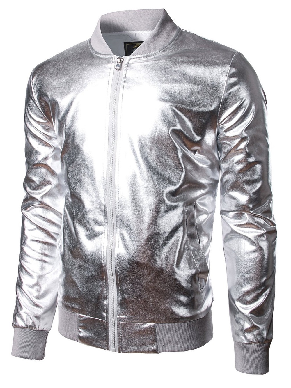 NWOT JOGAL Mens Silver Metallic Nightclub Zip Up Varsity Bomber Jacket Small